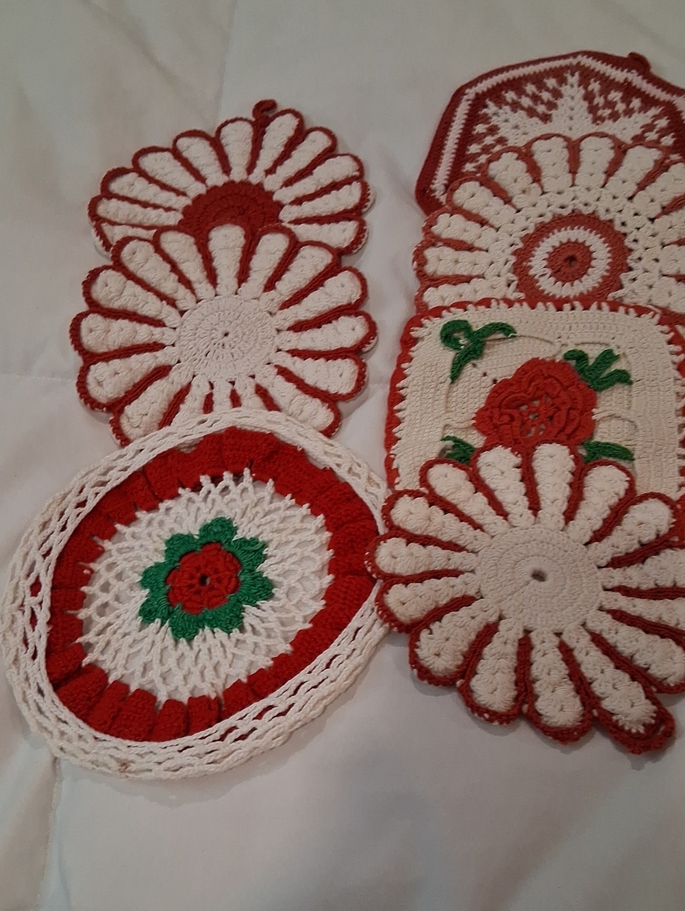 Handmade Red and White Crochet Pot Holders  and Doilies - Home Accents